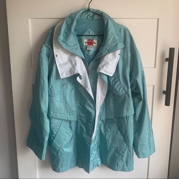 VINTAGEWhite & Teal Collared Rain Jacket sz L